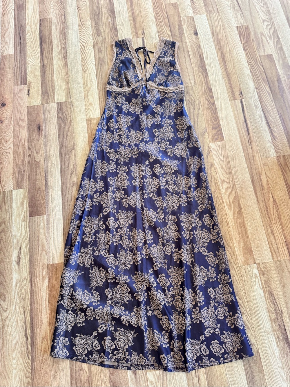 Sincerely Jules Navy and Gold Floral Lace-Trim Maxi Dress
